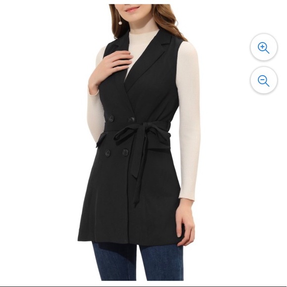 Lapel Collar Trench Vest Double Breast Sleeveless Long Blazer - Picture 3 of 4